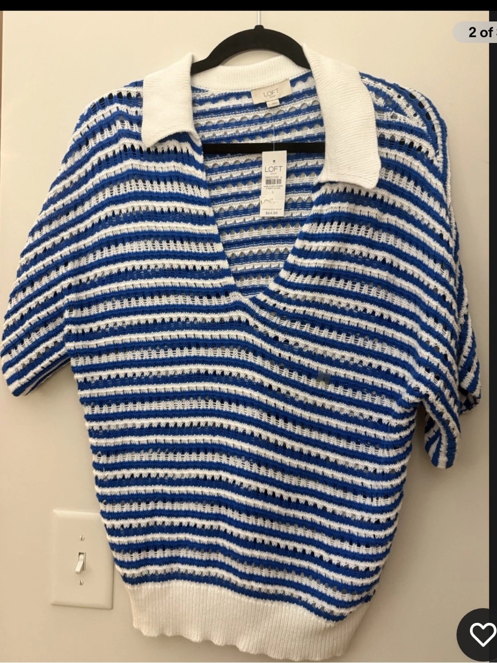 LOFT White and Blue Striped Knit Polo Top